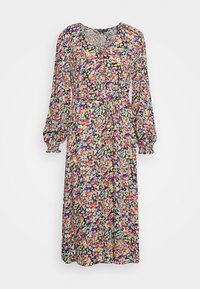 Vestido maxi floral com um fundo negro e flores vibrantes de várias cores, mangas longas bufantes e uma cintura ajustada com um detalhe de laço.