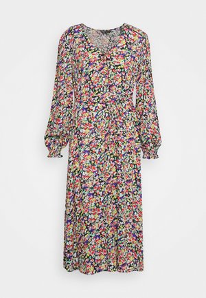Vestido maxi floral com um fundo negro e flores vibrantes de várias cores, mangas longas bufantes e uma cintura ajustada com um detalhe de laço.