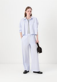 Camisa azul riscada cortada sobre um top cinza, combinada com calças largas riscadas. Modelo segura uma bolsa escura, vestindo sapatos pretos.