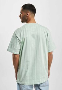 Mintgrøn T-shirt med korte ærmer, hvide lodrette striber, rund halsudskæring, afslappet pasform og blødt bomuldsstof, vist fra ryggen.