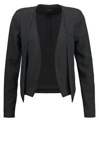 Blazer noir à devant ouvert, manches longues et épaules structurées, en tissu lisse.