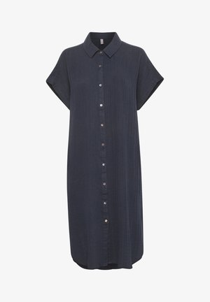 Dark navy short-sleeve shirt dress with a button-down front, featuring a classic collar, lightweight fabric, and a relaxed fit.