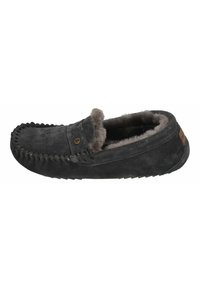 Gray suede slipper with a soft fur lining, slip-on design, decorative stitching, and a small metal emblem on the side. Textured rubber sole.