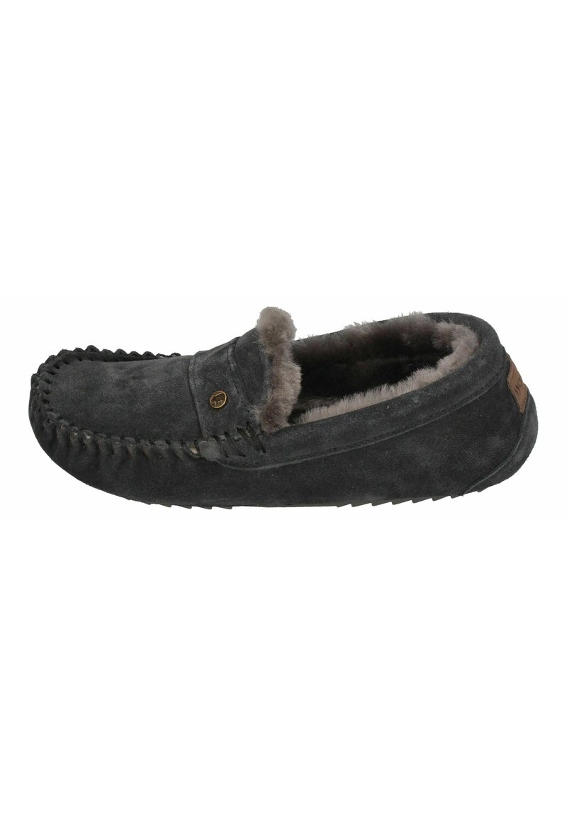 Gray suede slipper with a soft fur lining, slip-on design, decorative stitching, and a small metal emblem on the side. Textured rubber sole.