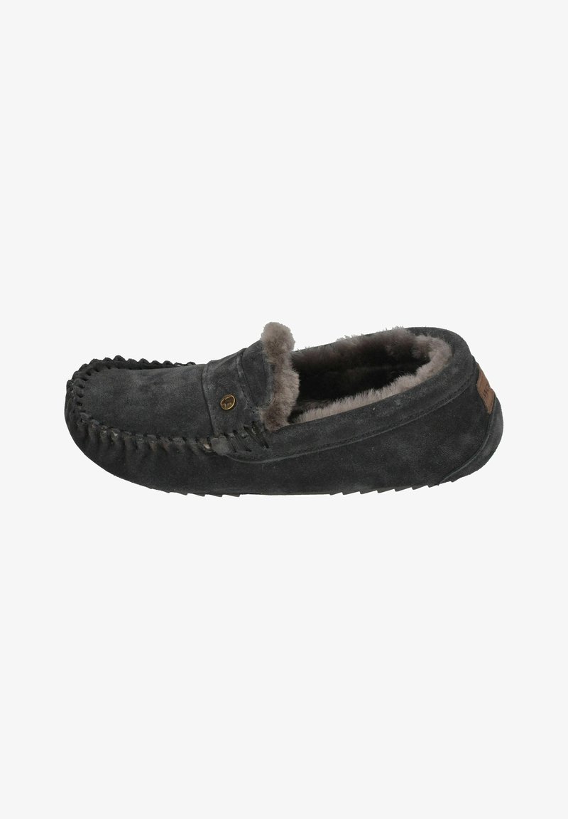 Gray suede slipper with a soft fur lining, slip-on design, decorative stitching, and a small metal emblem on the side. Textured rubber sole.