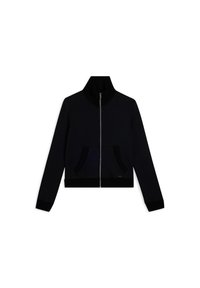 Chaqueta negra con cremallera y cuello alto, con puños acanalados y dos bolsillos frontales. Fabricada en un tejido suave con un cuello texturizado y borde de los bolsillos.