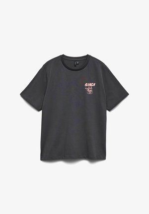 Grijs katoenen T-shirt met korte mouwen, een ronde hals en een roze cartoon ramen afbeelding op het linkerborstgebied.