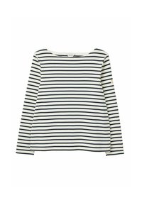 Langärmliges Oberteil mit navyblauen und weißen horizontalen Streifen, aus einer weichen Baumwollmischung gefertigt. Verfügt über einen runden Halsausschnitt und genähte Säume.