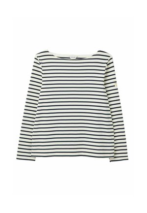 Dugmadžijska majica dugih rukava s tamnoplavim i bijelim horizontalnim prugama, izrađena od mekanog pamuka. Ima okrugli izrez i šivene rubove.