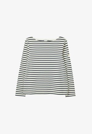 Ilga rankovėmis palaidinė su tamsiai mėlynomis ir baltomis horizontaliosiomis juostelėmis, pagaminta iš minkštos medvilnės mišinio. Turi apvalų iškirpimą ir siūtus kraštus.