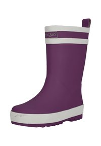 Violetti kumisaapas, jossa on sileä pinta, valkoiset raidat ylhäällä ja teksturoitu pohja pidon takaamiseksi. Logo yläreunassa.