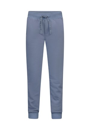 Lichtblauwe joggingsbroek gemaakt van zacht materiaal, met een elastische tailleband met een trekkoord en aansluitende boorden bij de enkels.