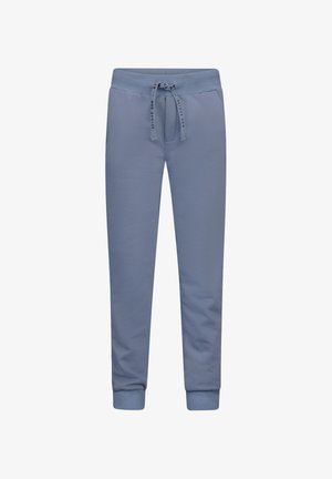Lichtblauwe joggingsbroek gemaakt van zacht materiaal, met een elastische tailleband met een trekkoord en aansluitende boorden bij de enkels.