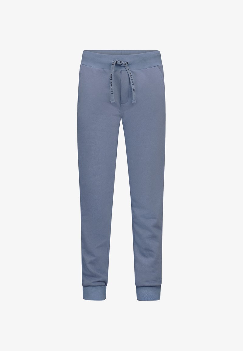 Lichtblauwe joggingsbroek gemaakt van zacht materiaal, met een elastische tailleband met een trekkoord en aansluitende boorden bij de enkels.