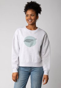 Grijze katoenen sweatshirt met een oversized fit, featuring een schildpad grafiek in zwart en teal tegen een cirkelvormige achtergrond. Casual ontwerp, geribde manchetten.