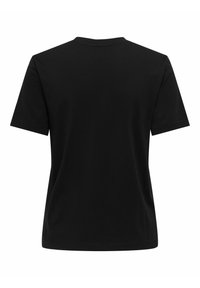 Sort bomulds T-shirt, korte ærmer, rund hals, glat tekstur, uden grafik eller mønstre, enkel og udekoreret design.