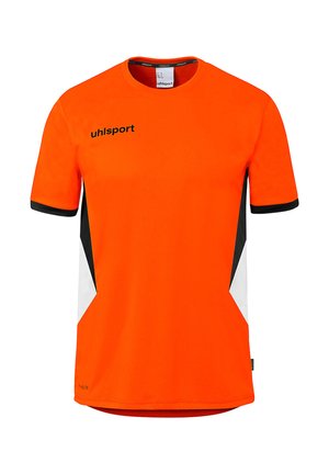 Bright orange short-sleeve sports shirt with black and white side panels, black sleeve trim, and "uhlsport" logo on the chest.