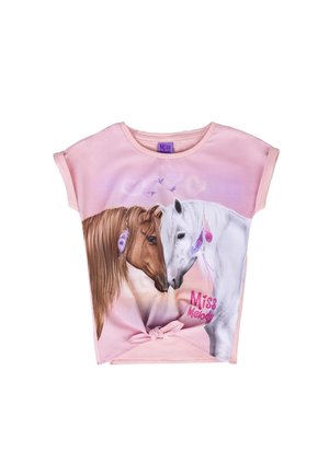 Rosa Kurzarm-T-Shirt mit einem Grafikdruck eines braunen und eines weißen Pferdes, mit dem Schriftzug "Miss Melody" in Rosa. Weicher Stoff mit Knotendetail.