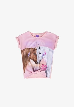 Pink short-sleeve T-shirt featuring a graphic of a brown and a white horse, with "Miss Melody" printed in pink. Soft fabric with a knot detail.