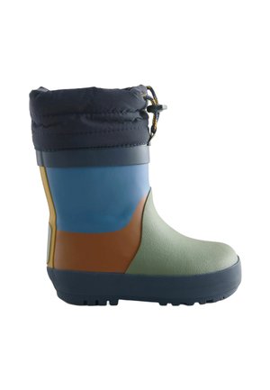Child's multicolor rubber rain boot with blue, brown, and green sections and a black insulated cuff with drawstring closure.