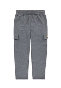 Grijze katoenen cargobroek met een elastische tailleband, zijzakken en opvallende gestikte accenten op de cargozakken.