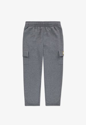 Pantalons cargo en coton gris avec une taille élastique, des poches latérales et des accents cousus remarquables sur les poches cargo.