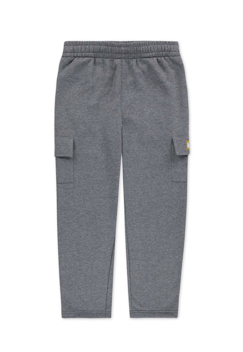Grijze katoenen cargobroek met een elastische tailleband, zijzakken en opvallende gestikte accenten op de cargozakken.