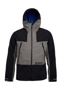 Giacca resistente all'acqua con un design a blocchi di colore grigio e nero, cappuccio regolabile, due tasche con zip e dettagli riflettenti.