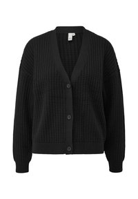 Czarny dziergany kardigan z dekoltem w serek, długimi rękawami i zapięciem na guziki z przodu. Materiał o fakturze oraz ściągacze przy mankietach i na dole.