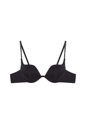 Schwarzer Bügel-BH aus glattem Stoff, gepolsterten Cups und dünnen, verzierten Trägern. Verfügt über ein breites Unterband für zusätzlichen Halt. Nahtloses Design.