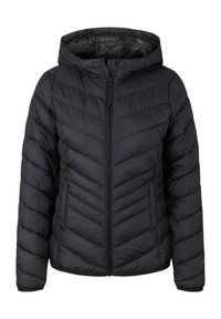 Černá péřová bunda s kapucí, s předním zipem, prošívaným vzorem ve tvaru šipky a elastickými manžetami. Vyrobena z lehkého, izolovaného materiálu.