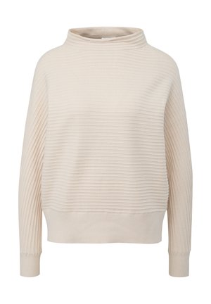 Pull en rib avec col montant de couleur beige, présentant un motif tissé texturé et une coupe décontractée. Manches longues et ourlet droit au bas.
