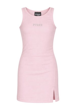 Abito mini aderente senza maniche, di colore rosa chiaro, con una piccola spaccatura laterale e il nome del marchio "PYREX" stampato sul petto.