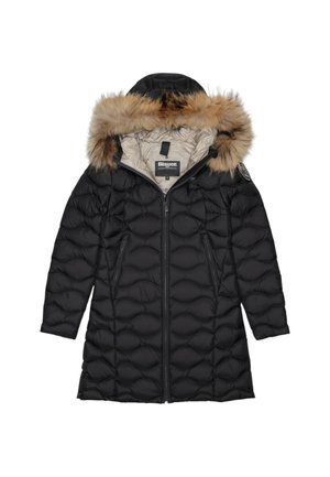 Černá péřová bunda s kapucí zdobenou kožešinou. Má prošívaný design, přední zip a dvě zipové kapsy. Vnější materiál je hladký.