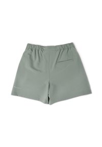 Grüne Shorts aus glattem Stoff, mit einem elastischen Bund und einer Gesäßtasche. Schlichtes Design ohne zusätzliche Muster oder Akzente.