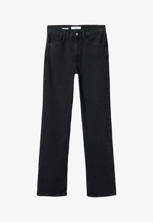 Jean noir à jambe droite avec poches avant et arrière, passants de ceinture et fermeture par bouton et fermeture éclair.