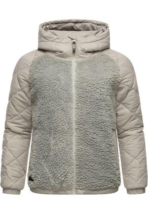 Lichtbeige hooded jacket met een gequilt ontwerp op de mouwen en achterkant, met een zachte, grijze fleece voorkant en volledige ritsluiting.