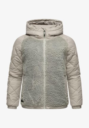 Light beige hooded jacket featuring a quilted design on sleeves and back, with a plush, gray fleece front panel and full zipper closure.