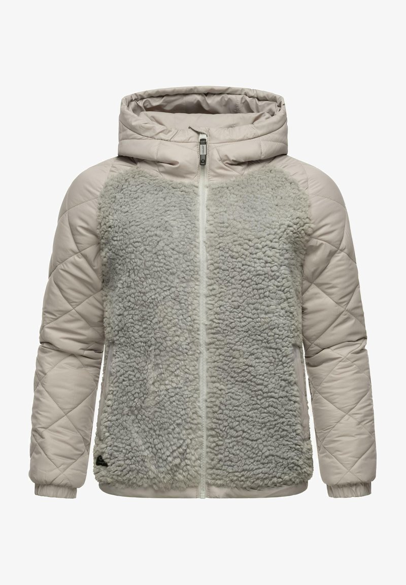 Light beige hooded jacket featuring a quilted design on sleeves and back, with a plush, gray fleece front panel and full zipper closure.