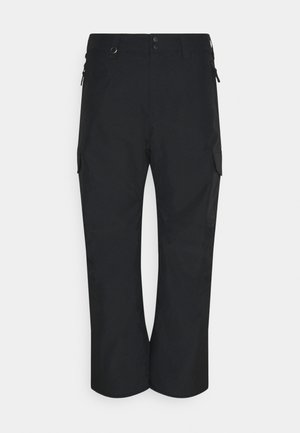 Černé cargo kalhoty s hladkým povrchem, vybavené bočními kapsami a rovnými nohavicemi. Vyrobené z odolného materiálu, vhodné pro různé aktivity.