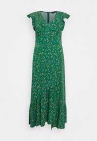 Grünes Blumenkleid in Midi-Länge mit V-Ausschnitt, flatternden Ärmeln und Rüschensaum. Es zeichnet sich durch ein Blumendesign mit gelben und rosafarbenen Akzenten aus.