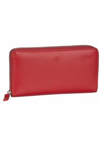 Portefeuille en cuir rouge avec une texture lisse, fermeture éclair et logo embouti. Il présente une forme rectangulaire compacte pour une portabilité facile.