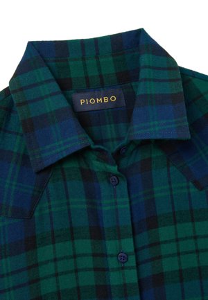 Geruit flanellen overhemd in donker groene en blauwe tinten, met een klassieke kraag, knoopsluiting en een PIOMBO-label in de nek.