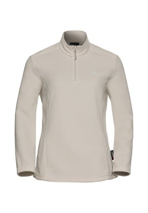 Lichtbeige fleece pullover met ritssluiting bij de hals, lange mouwen en een getailleerd ontwerp. Beschikt over een logo op de borst en een zijlabel detail.