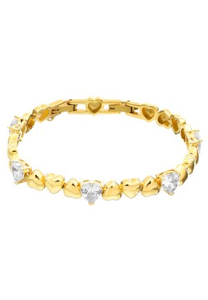 Pulsera de oro con eslabones alternos en forma de corazón y gemas transparentes con corte de corazón, dispuestas en un lazo continuo con cierre.