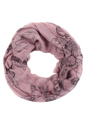 Écharpe circulaire rose clair avec dessins floraux noirs au trait, disposée en boucle lâche sur fond blanc.