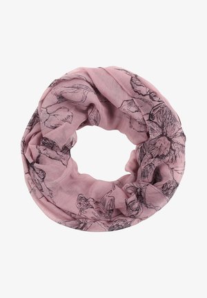Écharpe circulaire rose clair avec dessins floraux noirs au trait, disposée en boucle lâche sur fond blanc.