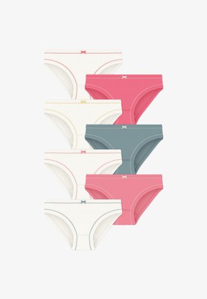 Šeši medvilnės mišinio kelnaičių poros: trys baltos su skirtingų spalvų akcentais, viena šviesiai rožinė, viena tamsiai rožinė ir viena žalsvai mėlyna, visos su dekoratyvinėmis siūlėmis.