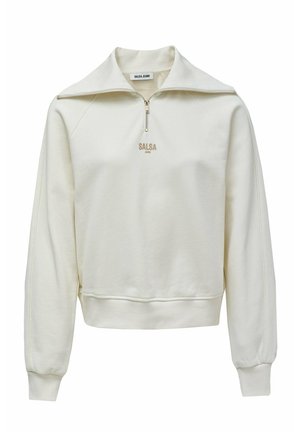 Sudadera de color crema con cuello alto, cierre de media cremallera, puños y bajo acanalados, con un logotipo "SALSA JEANS" en el pecho.