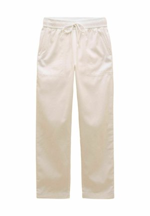 Pantalones de corte holgado color crema con cintura elástica, cordón ajustable y bolsillos parche delanteros, mostrados sobre un fondo blanco.